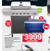 Mega Master Sizzler 500 gas Braai With A Free Big Jim Royal Blue I'm Cool Cooler Box