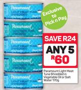 Paramount Light Meat Tuna Shredded In Vegetable Oil Or Salt Water-5 x 170g