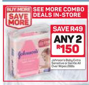 Johnson's Baby Extra Sensitive Or Gentle All Over Wipes 288's Pack-For 2 Packs