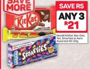Nestle Kitkat, Bar-One, Tex, Smarties Or Aero Assorted-3 x 40-50g