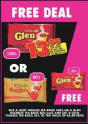Glen Tagless Tea Bags-100's Or Glen Rooibos Tea Bags-80's Each