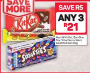 Nestle Kitkat, Bar-One, Tex, Smarties Or Aero Assorted-3 x 40-50g