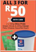 Olive Pride Green Olives 2x120g & Clover Feta Cheese 400g-For All 3 