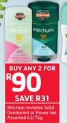 Mitchum Invisible Solid Deodorant Or Power Gel Assorted-2 x 63/75g