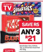Nestle Bar-One, Kitkat, Tex, Or Smarties Assorted-3 x 40-50g