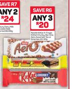 Nestle Kitkat 4 Finger, Kitkat Chunky, Bar One, Aero Assorted Tex Or Smarties-3 x 40/50g
