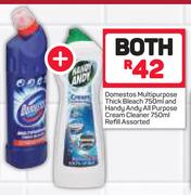 Domestos Multipurpose Thick Bleach 750ml/Handy Andy All Purpose Cream Cleaner Refill 750ml-For Both