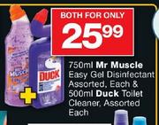 750ml Mr Muscle Easy Gel Disinfectant Assorted Each & 500ml Duck Toilet Cleaner Assorted-Both