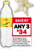 Schweppes Tonic Water,Soda Water,Dry Lemon,Ginger Ale OrLemonade 1Liter Non-Returnable Bottle-For 3