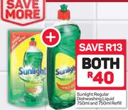 Sunlight Regular Dishwashing Liquid 750ml And 750ml Refill-For Both