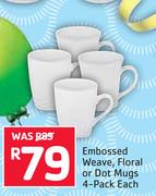 Embossed Weave, Floral Or Dot Mugs 4 Pack-Each