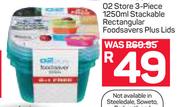 O2 Store 3 Piece 1250ml Stackable Rectangular Foodsaver Plus Lids