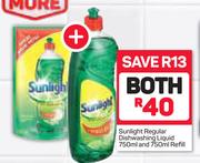 Sunlight Regular Dishwashing Liquid 750ml And 750ml Refill-For Both