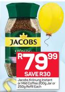 Jacobs Kronung Instant Or Mild Coffee Jar-200g Or Refill-250g Each 