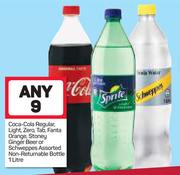 Coca Cola Regular Light, Zero, Tab, Fanta Orange, Stoney, Ginger Beer Or Schweppes-9x1Ltr