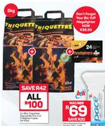 Blitz Triquettes-2X5Kg & Bic Pre Cut Firelighter Cubes 24's-For All