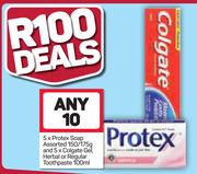 Protex Soap Assorted-5 x 150/175g & Colgate Gel, Herbal Or Regular Toothpaste-5 x 100ml-For 10