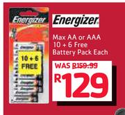 Energizer Max AA Or AAA 10+6 Free Battery Pack-Each