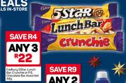 Cadbury 5 Star, Lunch Bar, Crunchie Or P.S. Chocolate Bar-3X48g