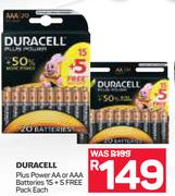 Duracell Plus Power AA or AAA Batteries 15 + 5 Free Pack-Each