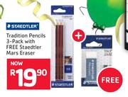 Staedtler Tradition Pencils 3 Pack With 3 Pack With Free Staedtles Mars Eraser