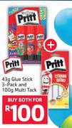 Pritt 43g Glue Stick 3 Pack & 100g Multi Pack-Both For