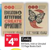 Croxley A4 Feint, Irish Or Unruled 72 Page Books-Each