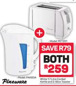 Pineware White 1.7Ltr Corded Kettle PAK834 & Pineware 2 Slice Toaster PET201-Both For