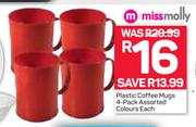 Miss Molly Plastic Coffee Mugs 4 Pack Assorted Colours-Each