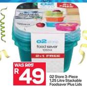 O2 Store 3 Piece 1.25 Litre Stackable Food Saver Plus Lids
