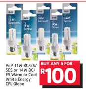 PnP 11W BC/ES/SES Or 14W BC/ES Warm Or Cool White Energy CFL Globe-For Any 5