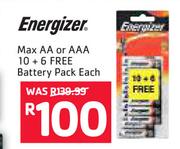 Energizer Max AA Or AAA 10 + 6 Free battery Pack-Each