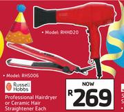 Russell Hobbs Professional Hairdryer RHHD20 Or Ceramic Hair Straightener RHS006-Each