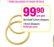 9ct Gold 12mm Sleepers-Per Pair