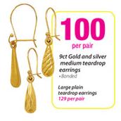 9ct Gold And Silver Medium Teardrop Earrings-Per Pair