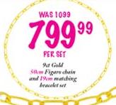 9ct Gold 50cm Figaro Chain And 19cm Matching Braeclet Set-Per Set