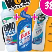 Omo Foam Action Bleach-750ml+Toilet Duck-500ml+Handy Andy-750ml
