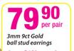 3mm 9ct Gold Ball Stud Earring-Per Pair