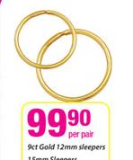 9ct Gold 12mm Sleepers-Per Pair