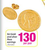 9ct Gold & Silver Peso Earrings Bonded-Per Pair