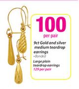 9ct Gold & Silver Medium Teardrop Earrings Bonded - Each