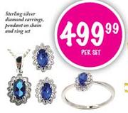 Sterling Silver Diamond Earrings, Pendant on Chain and Ring Set-per set