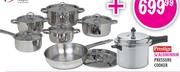 Tissolli Saphire 12 Piece Stainless Steel Cookware Set With Lids+Prestige Aluminium Pressure Cooker-