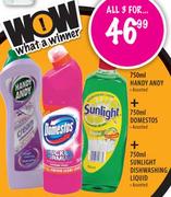 750ml Handy Andy + 750ml Domestos + 750ml Sunlight Dishwashing Liquid 