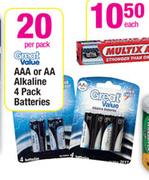 Great Value AAA Or AA Alkaline 4 Pack Batteries
