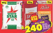 White Star Super Maize Meal 10Kg+Sasko Cake Wheat Flour 10Kg+Mr.Pasta Macaroni 3Kg-For All