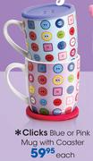 Clicks Blue Or Pink Mug With Coaster Each