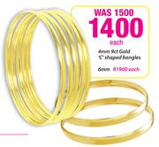 6mm 9ct Gold 'C' Shaped Bangles-Each