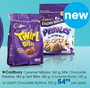 Cadbury Caramel Nibbles-160g, Milk Chocolate Pebbles-140g, Twirl Bites-145g, Crunchie Rocks-130g Or 