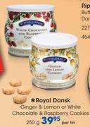 Royal Dansk Ginger & Lemon Or White Chocolate & Raspberry Cookies-250g Per Tin